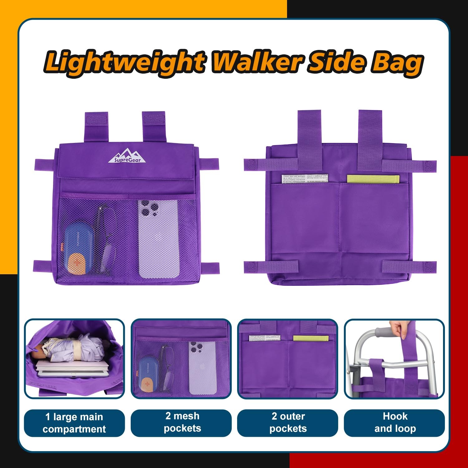 supregear Walker Side Bag, Multi Pocket Storage Pouch for Folding Walker, Wat...
