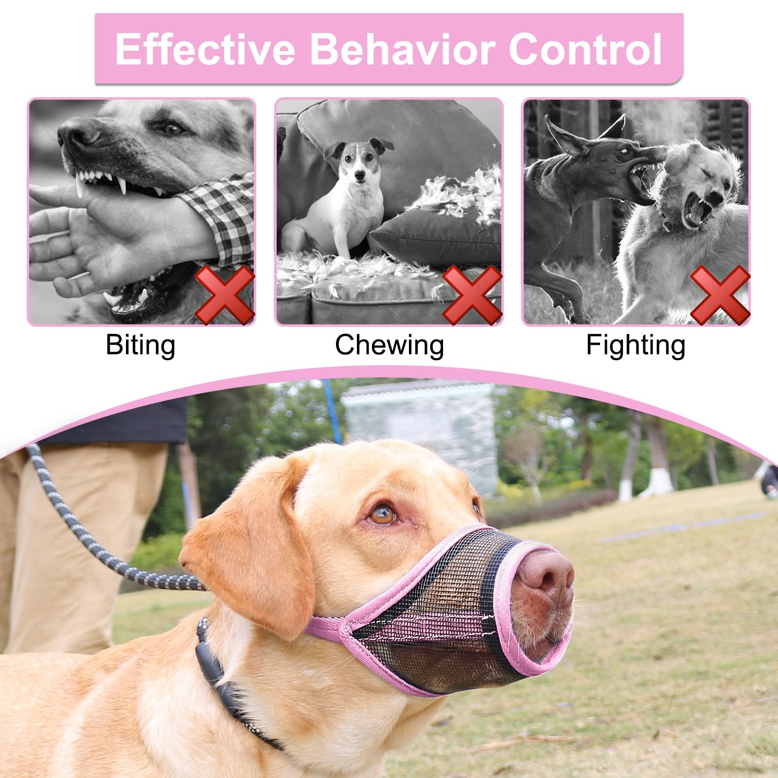 LUCKYPAW Dog Muzzle, Mesh Muzzle for Small Medium M(Snout: 5¼"-7"), Pink