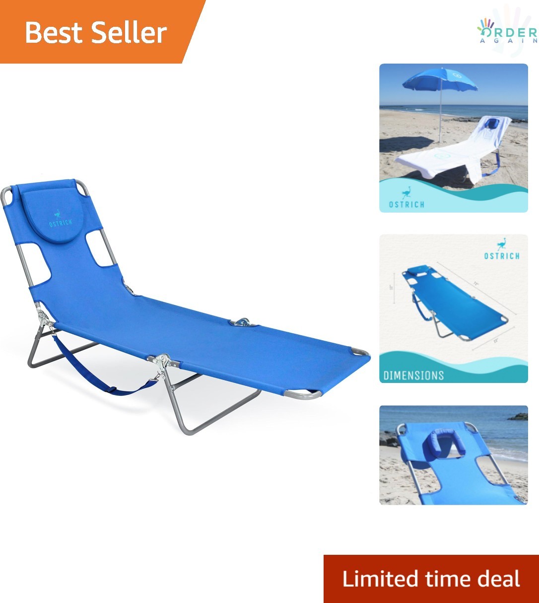 Folding Beach Lounge Chair Polyester Reclining Outdoor Chaise with Pillows