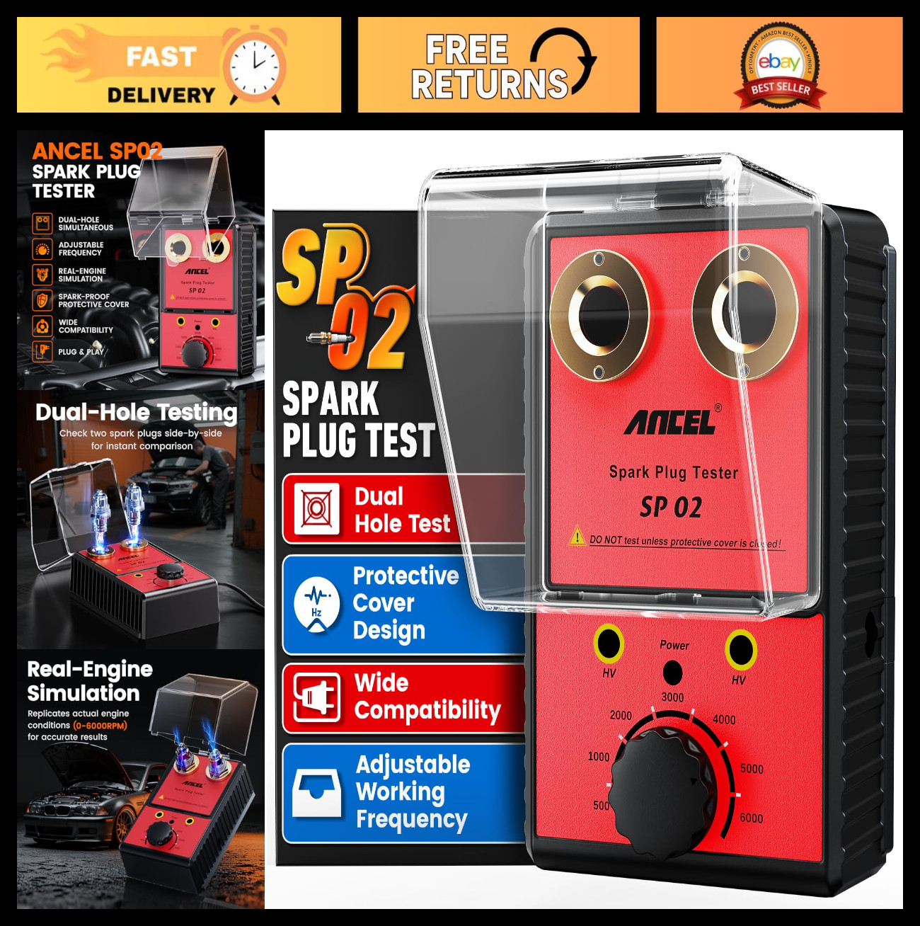 Automotive Spark Plug Tester & Ignition Coil Tester - Dual Holes, 0-6000RPM, Adj