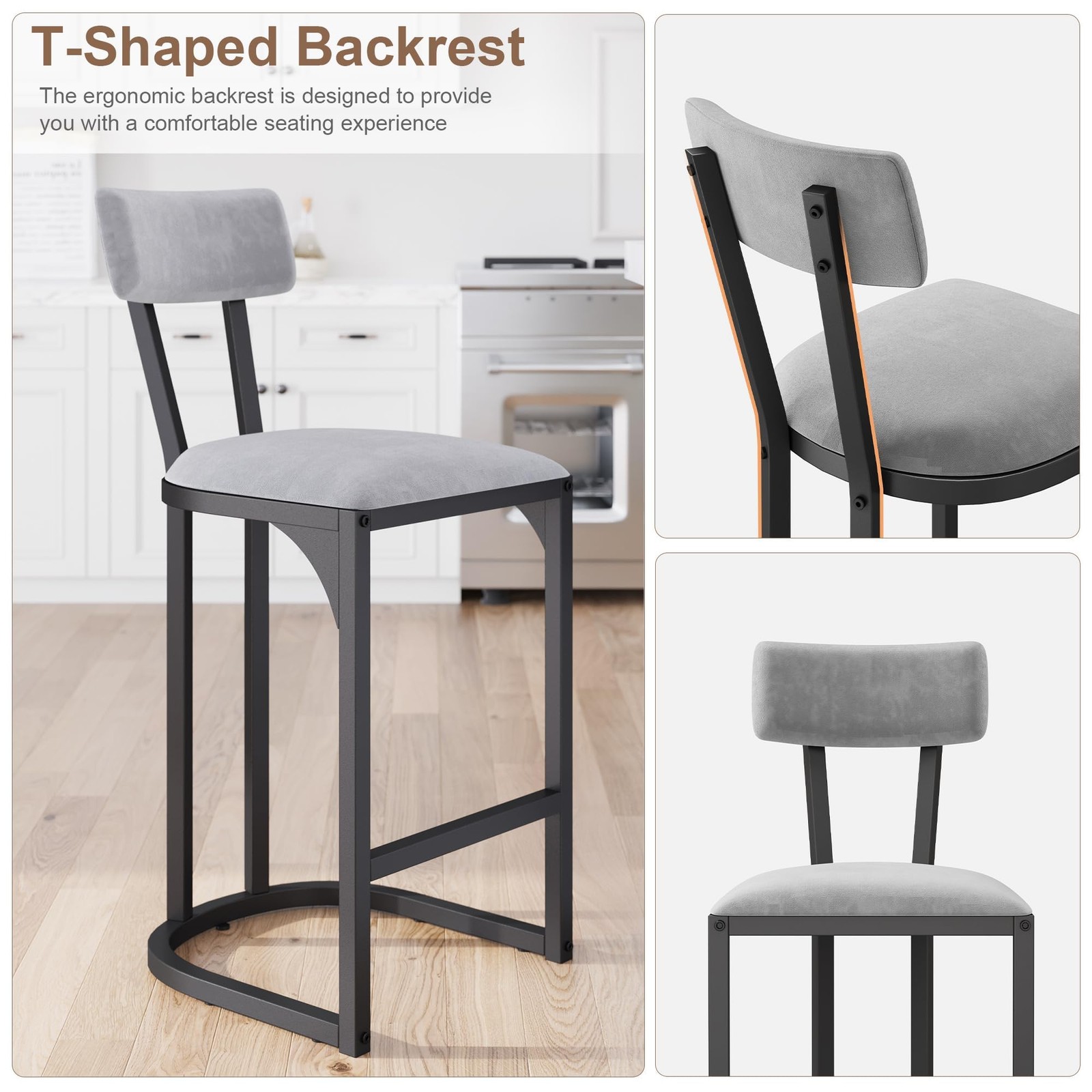 Ergonomic Counter Height Bar Stools 2 Pack Metal Frame Velvet for Kitchen & Bar