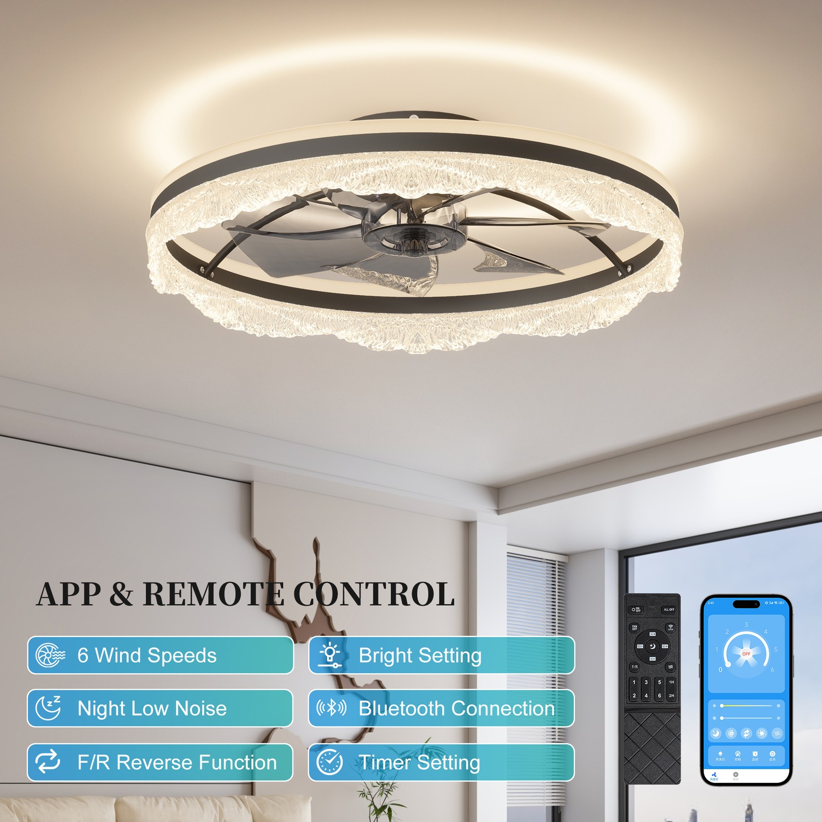24" Flush Mount Modern Ceiling Fan Light LED Dimmable Lamp Fixture Kit w Remote