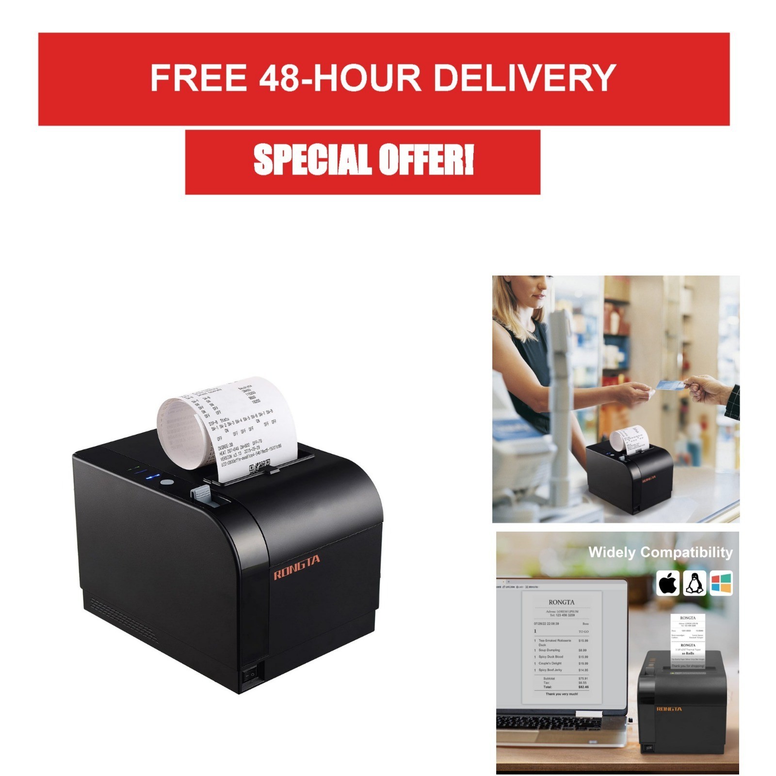 80mm Thermal POS Receipt Printer Black | Auto Cutter, USB, Ethernet