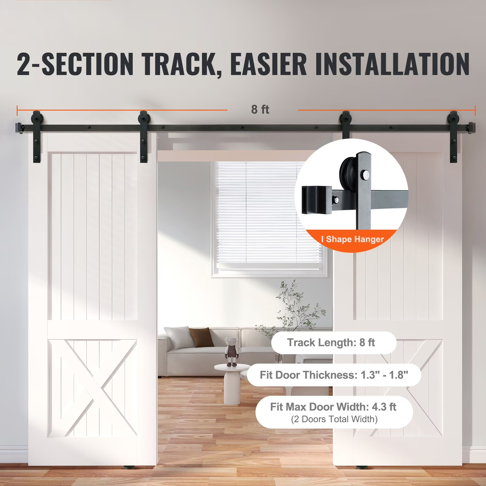 KFFKFF 8FT Double Barn Door Hardware Kit, 330LBS Load Capacity