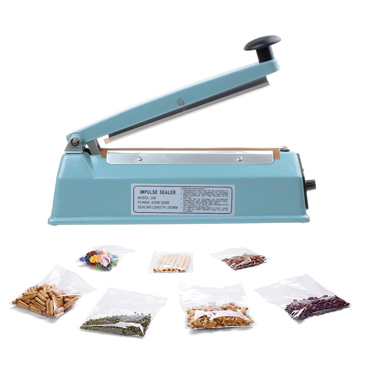 8" (200mm) Impulse Sealer 300w- Manual Plastic Poly Bag Heat 8 inches, Blue