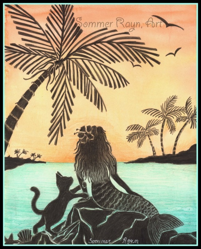 Black cat with a mermaid on the beach, tropical, cards, prints, magnet, #493