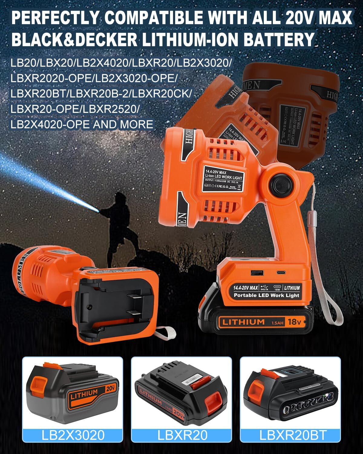 1120LM LED Work Light for Black &Decker 20v Spotlight Cordless Flashlight USB