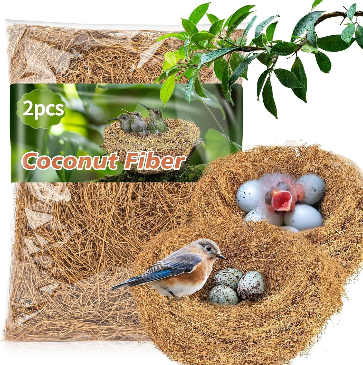 2PCS Coconut Fiber Nesting Material for Birds - Finch & Canary Bedding Substrate