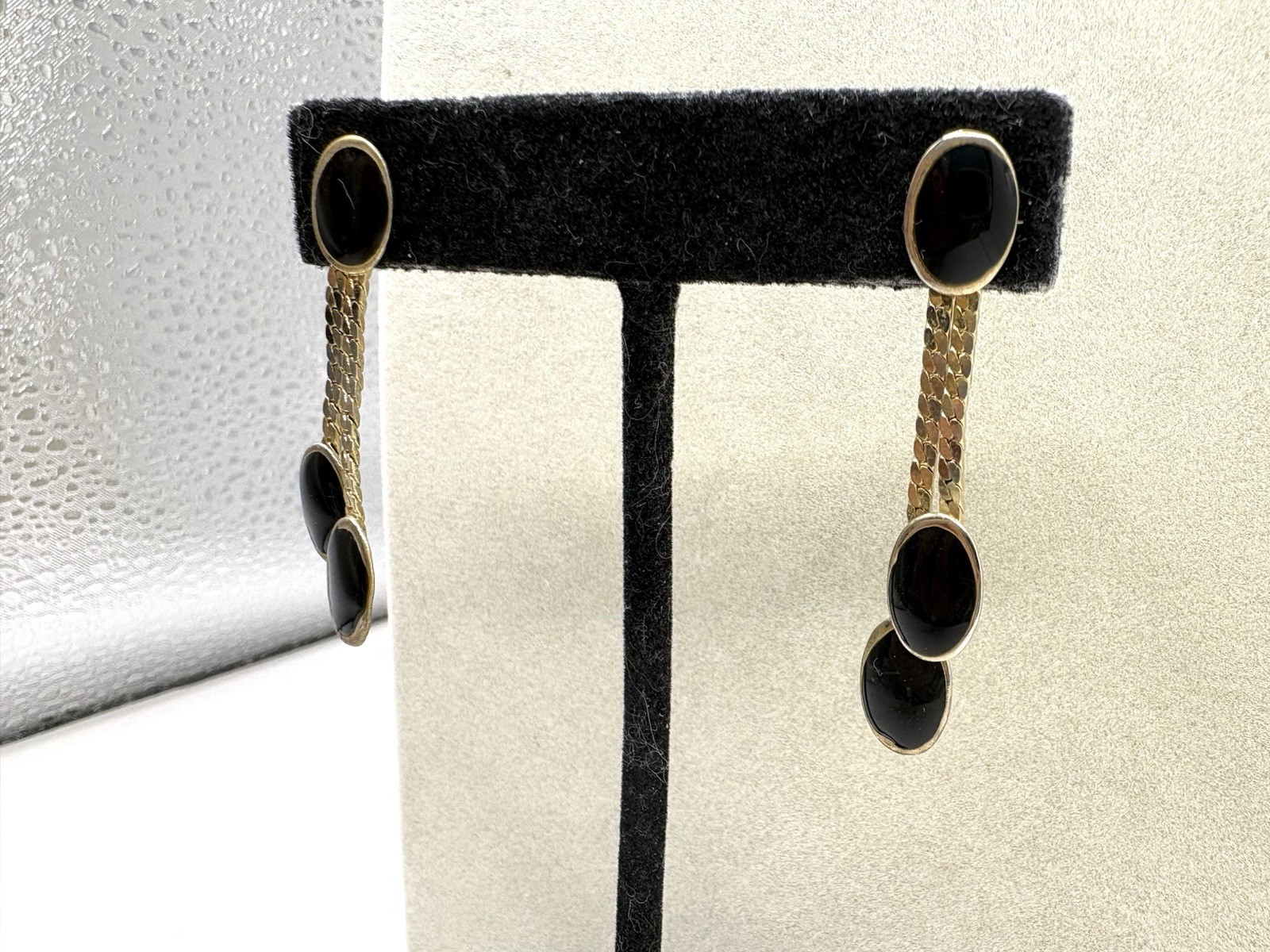 Black Oval Enamel Dangle Pierced Earrings