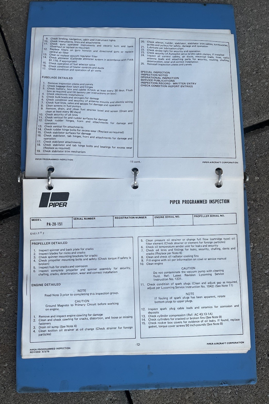 Piper Warrior Programmed Inspection 761-540 Original