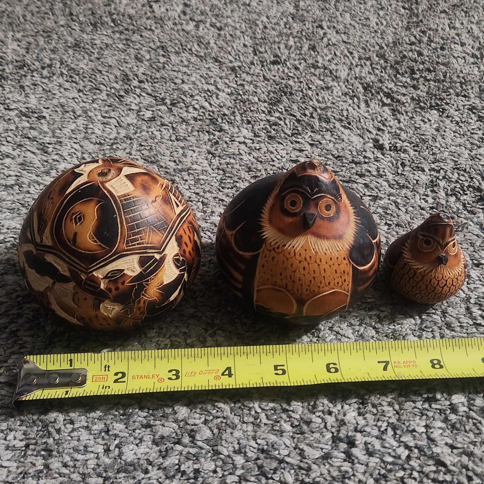 3 Peruvian Hand-Carved Gourds Owls Folk Art