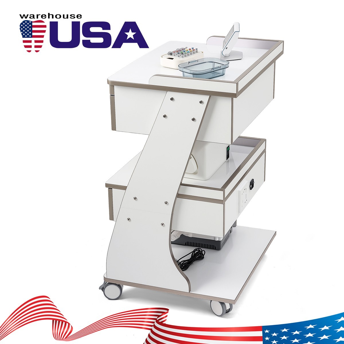 Dental Storage Cabinet Double-Drawer 3 Layer-Tier Cart Tools Socket High-Gloss