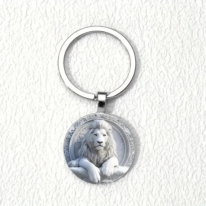 Silver Lion Key Ring Zing Alloy Round Glass Key Chain