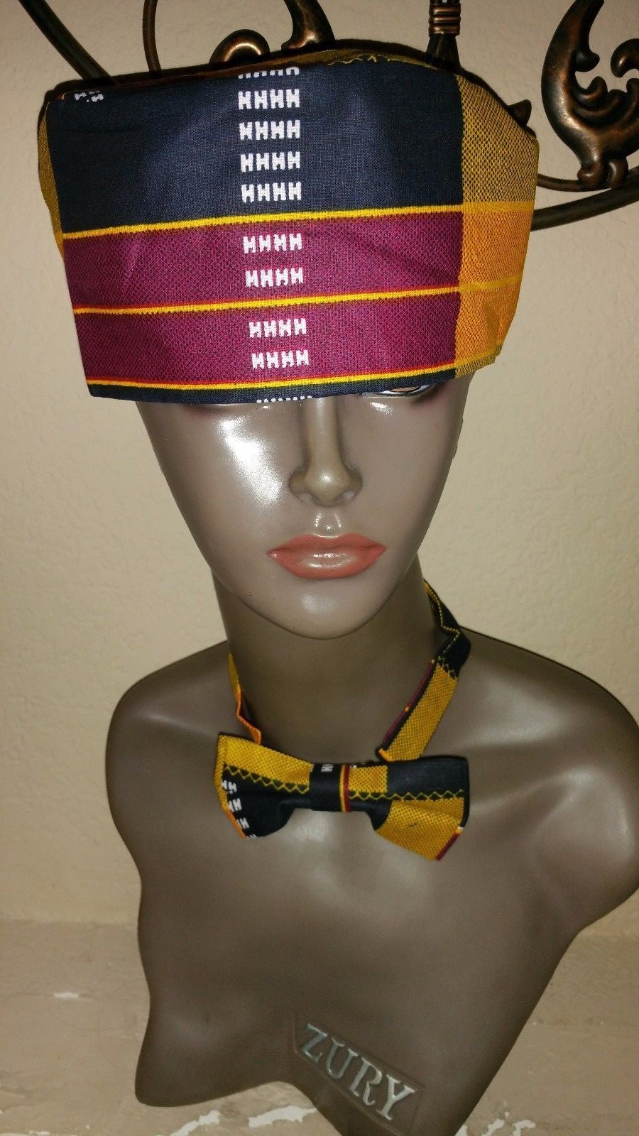 2Pc Kente African Print Kufi Hat w/BowTie. Made in India Accent Of AFRICA.
