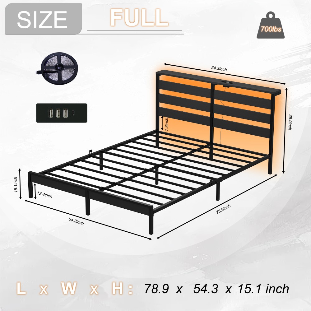 Full Size Metal Bed Frame w/ LED Lights, USB Charger, Under Bed Storage