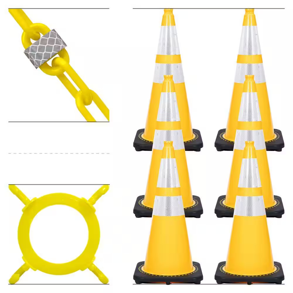 28 In. Yellow Reflective Traffic Cones and Reflective Chain Kit