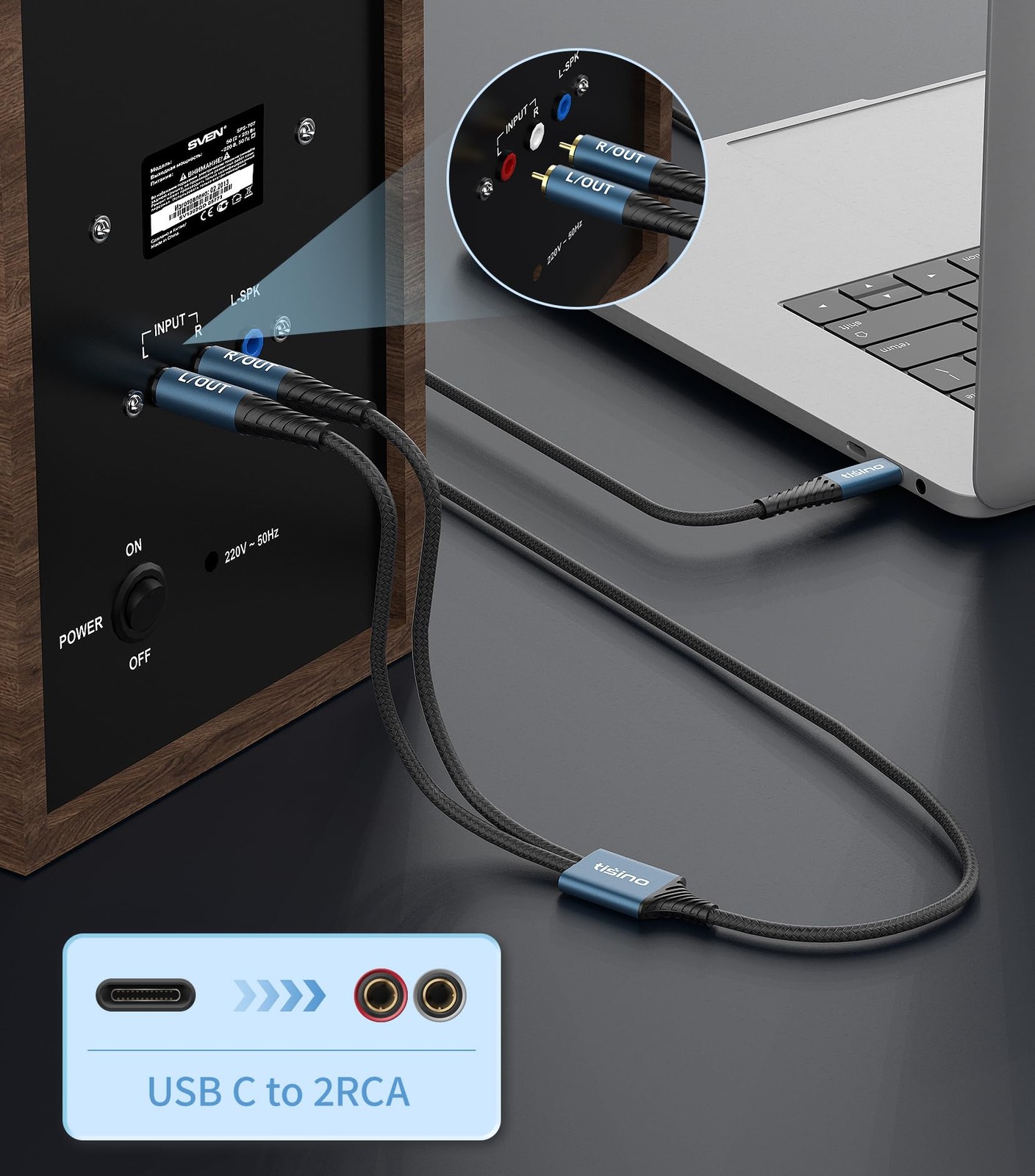 Tisino USB C to RCA Audio Cable - 3.3FT, 32bit/384kHz 1m-3.3feet, smoggy blue