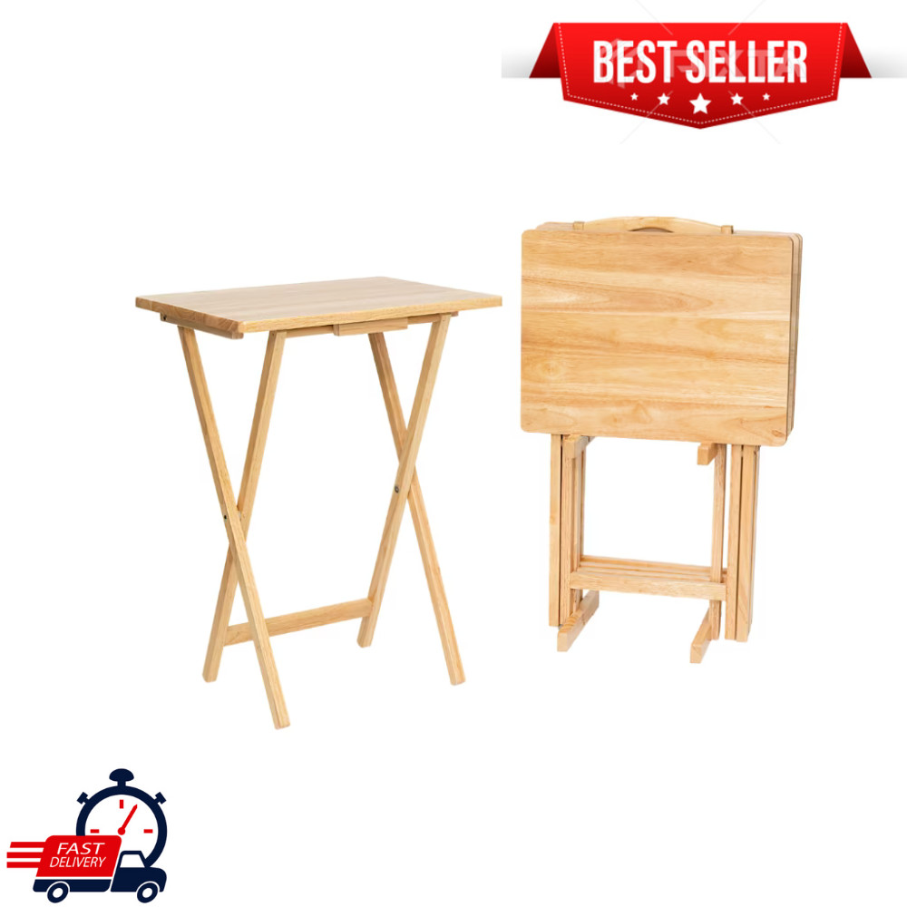 Mainstays 4-Piece Folding TV Tray Table Set with Rack, Natural Wood, 19"x15"x26"