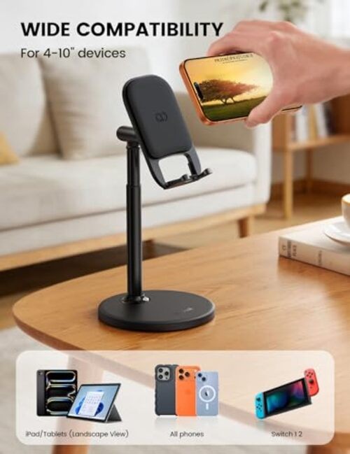 Cell Phone Stand for Desk - [Height Angle] Adjustable Sturdy Desktop Black