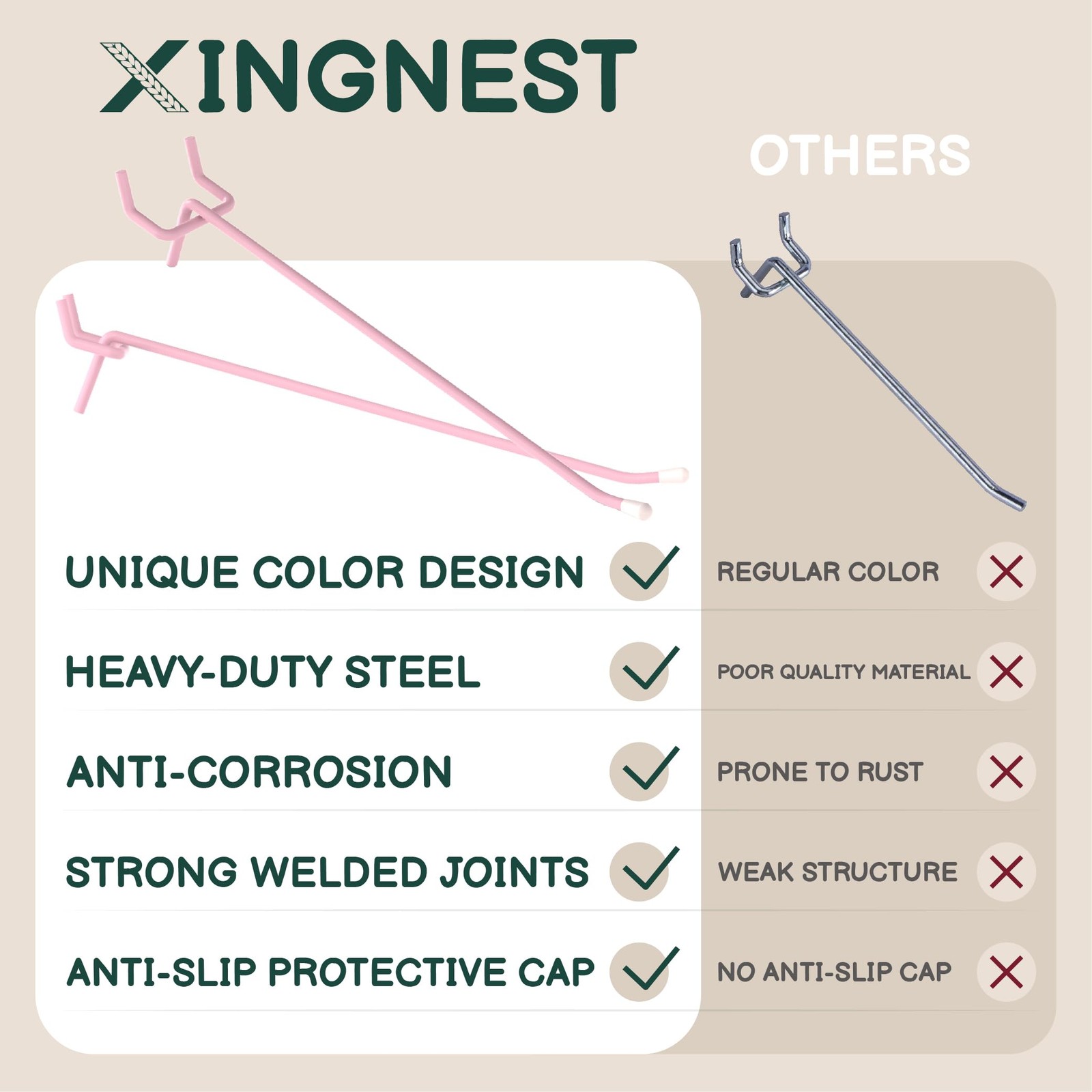 XINGNEST Pink Pegboard Hooks 6 Inch