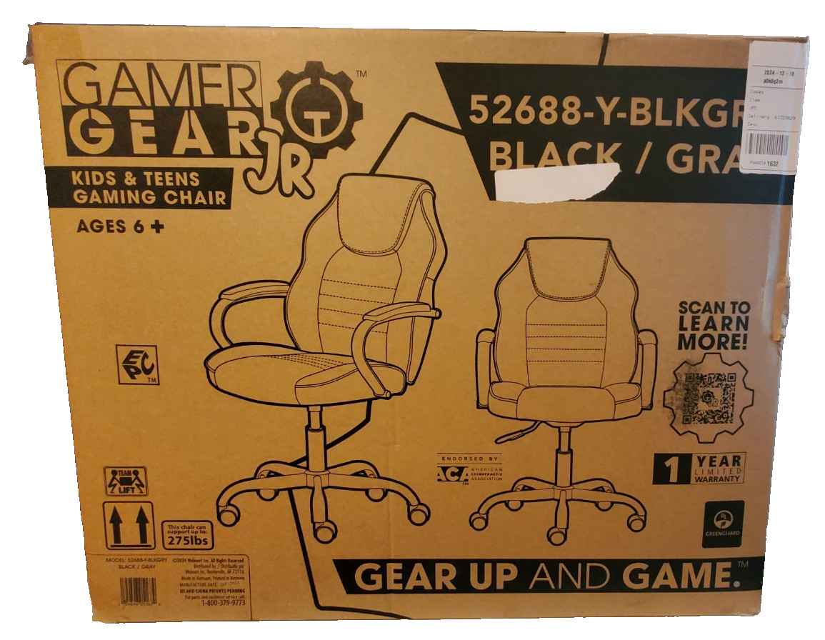 Gamer Gear Jr. Xplorer Gaming & Computer Chair, Kids & Teens Gray & Black
