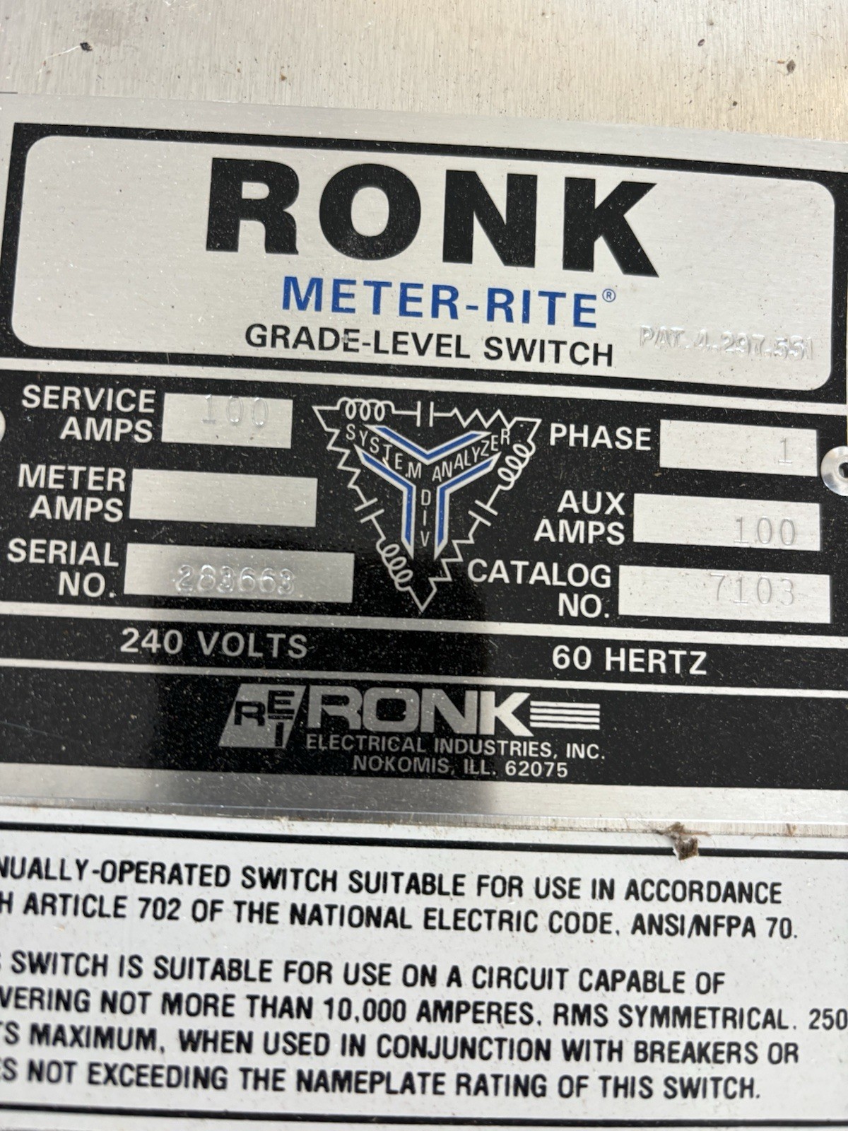 RONK 7103 100amp Generator Transfer Switch Grade-Level Meter-Rite NEW 240v Throw