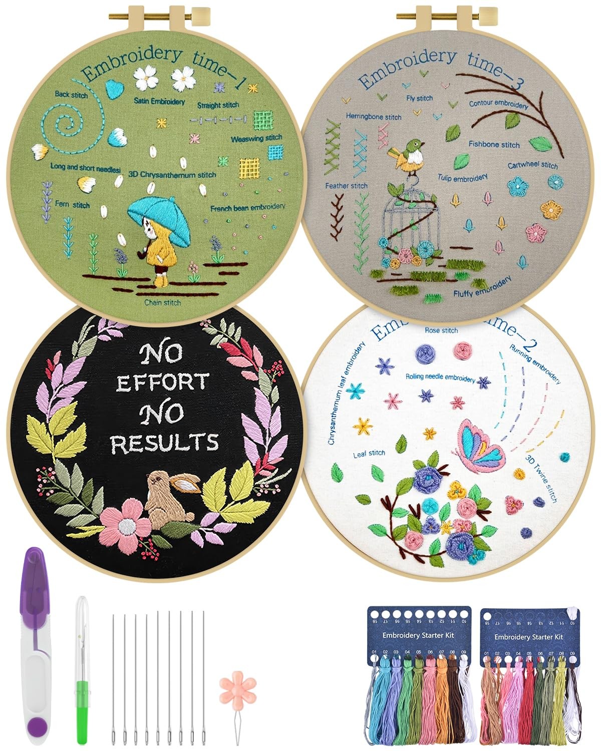 ERKOON 4 Pack Beginner Embroidery Kits 7.9 x inches, Embroidery-time1/2/3