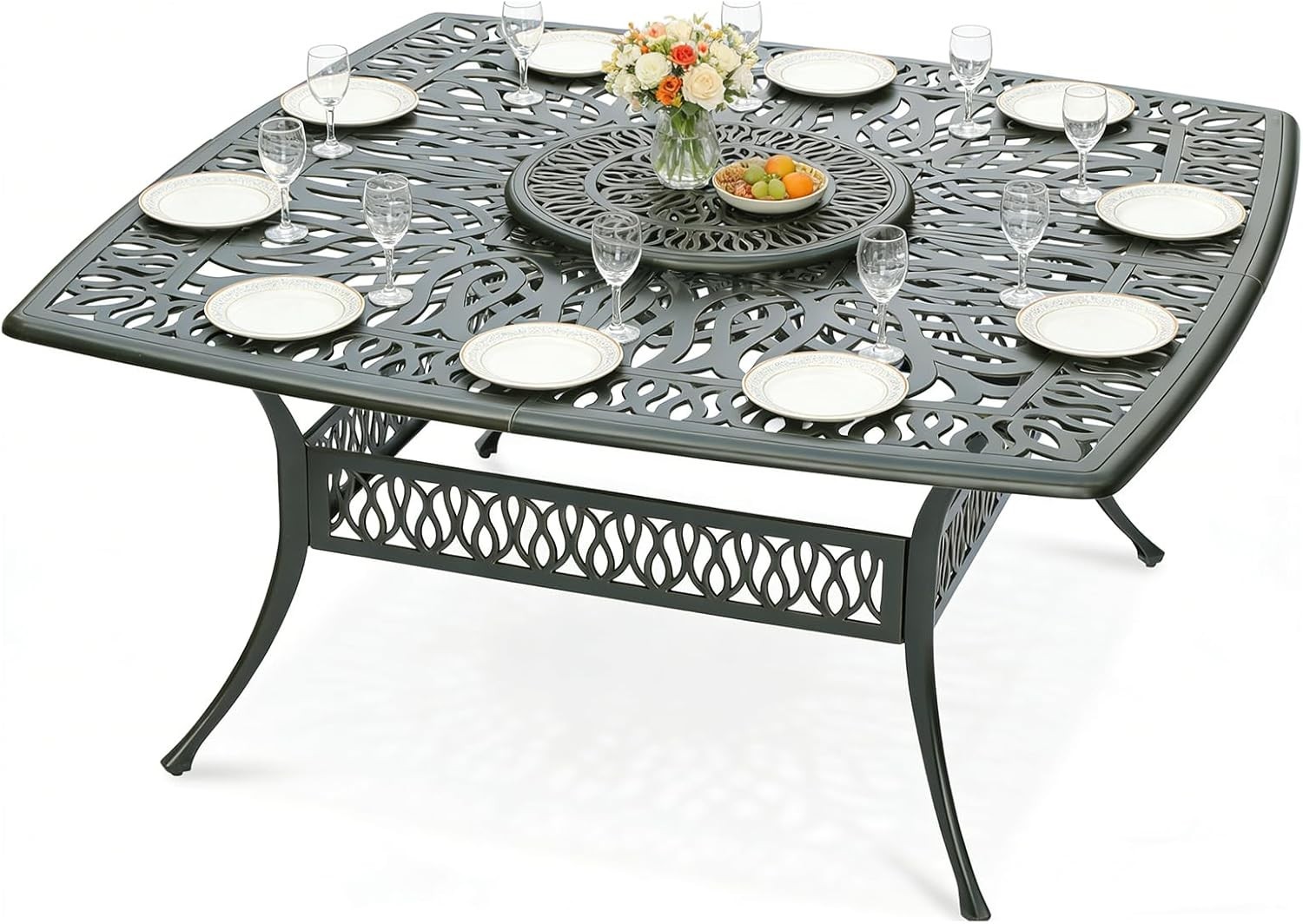 Outdoor 64" Square Patio Dining Table with Detachable Lazy Susan, Umbrella Hole