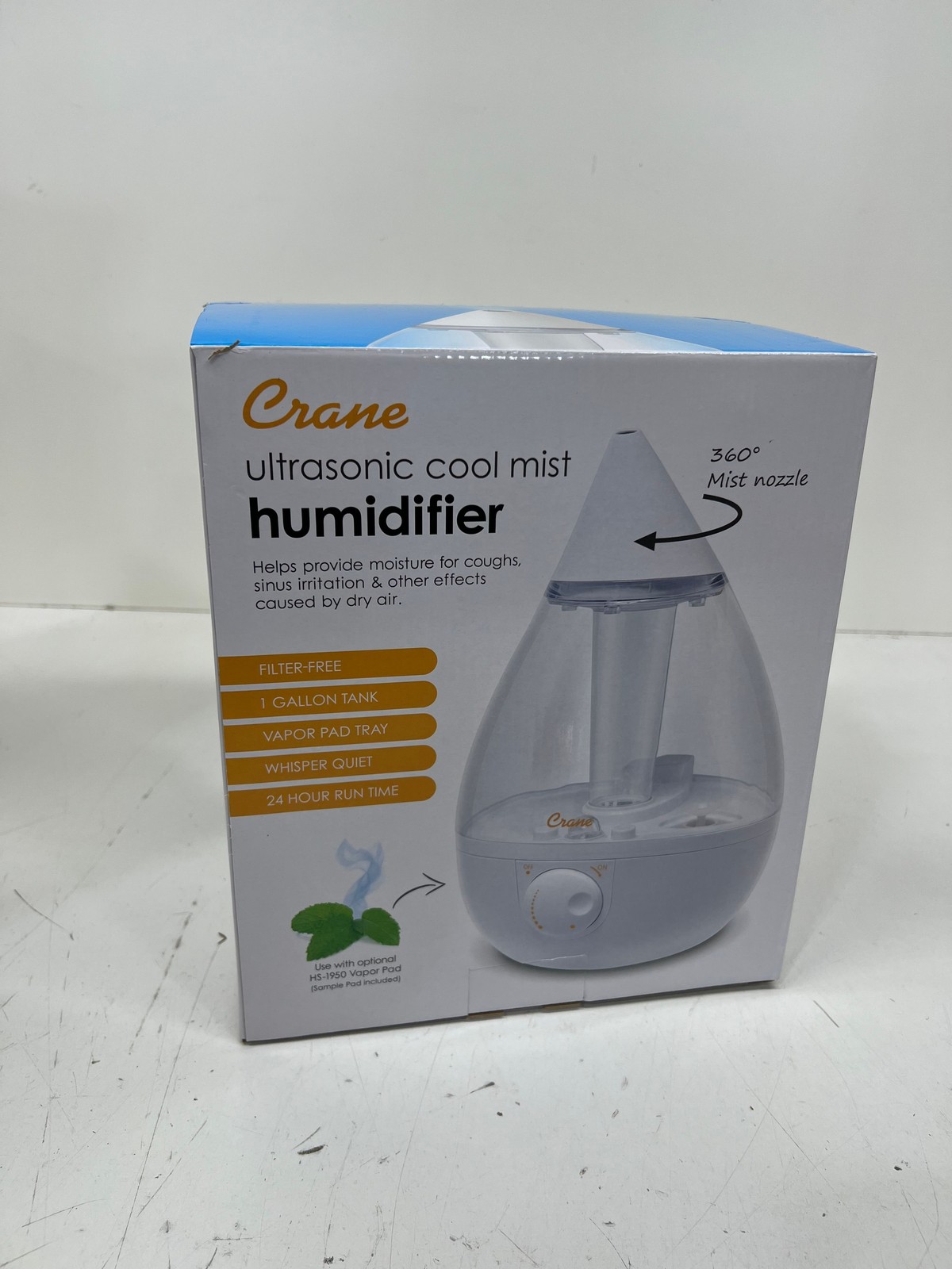 Crane 1 Gal. Drop Ultrasonic Cool Mist Humidifier up to 500 sq. ft. -Clear/White