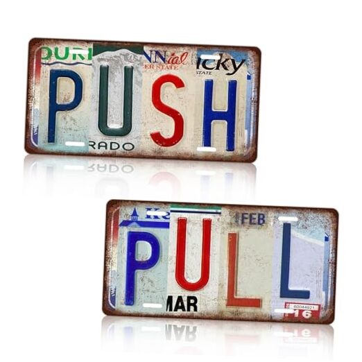 Vintage Pull Push Door Sign Kit of 2 Anodized Signs Metal Tin Sign Pull + Push