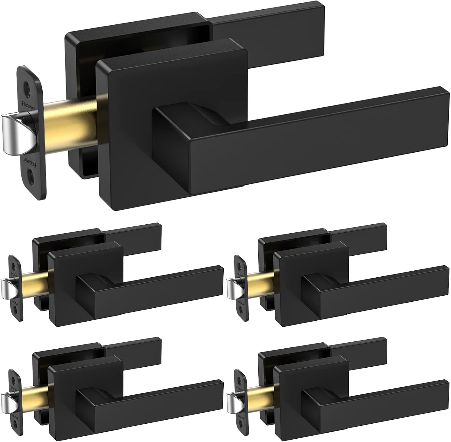 TICONN Interior Door Lever Passage Lock Set, Square Rosette, Matte Black, 5 Pack