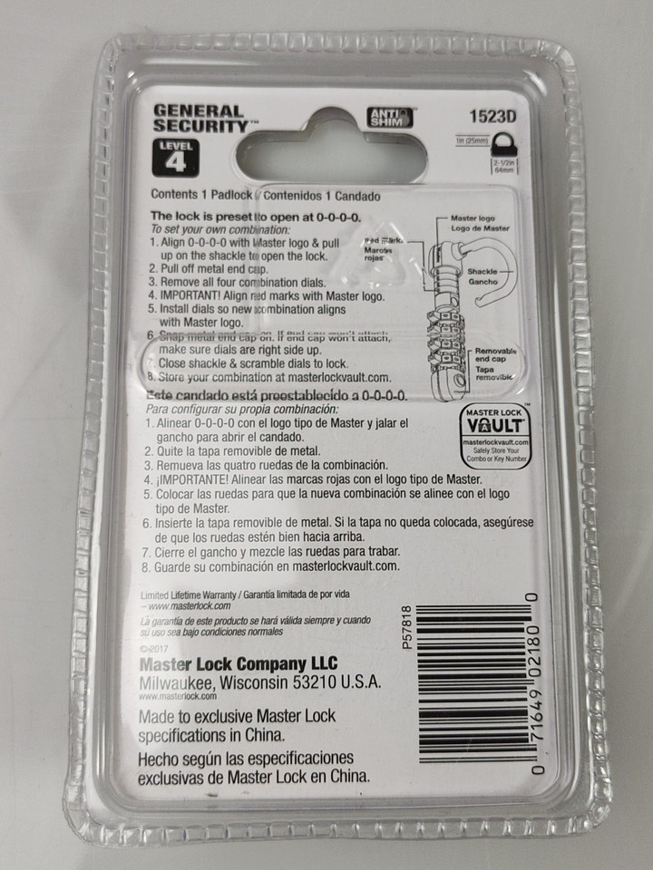 MASTER LOCK 4-DIGIT COMBINATION PADLOCK SOFT TOUCH DIAL 15230 NEW BLUE WHITE