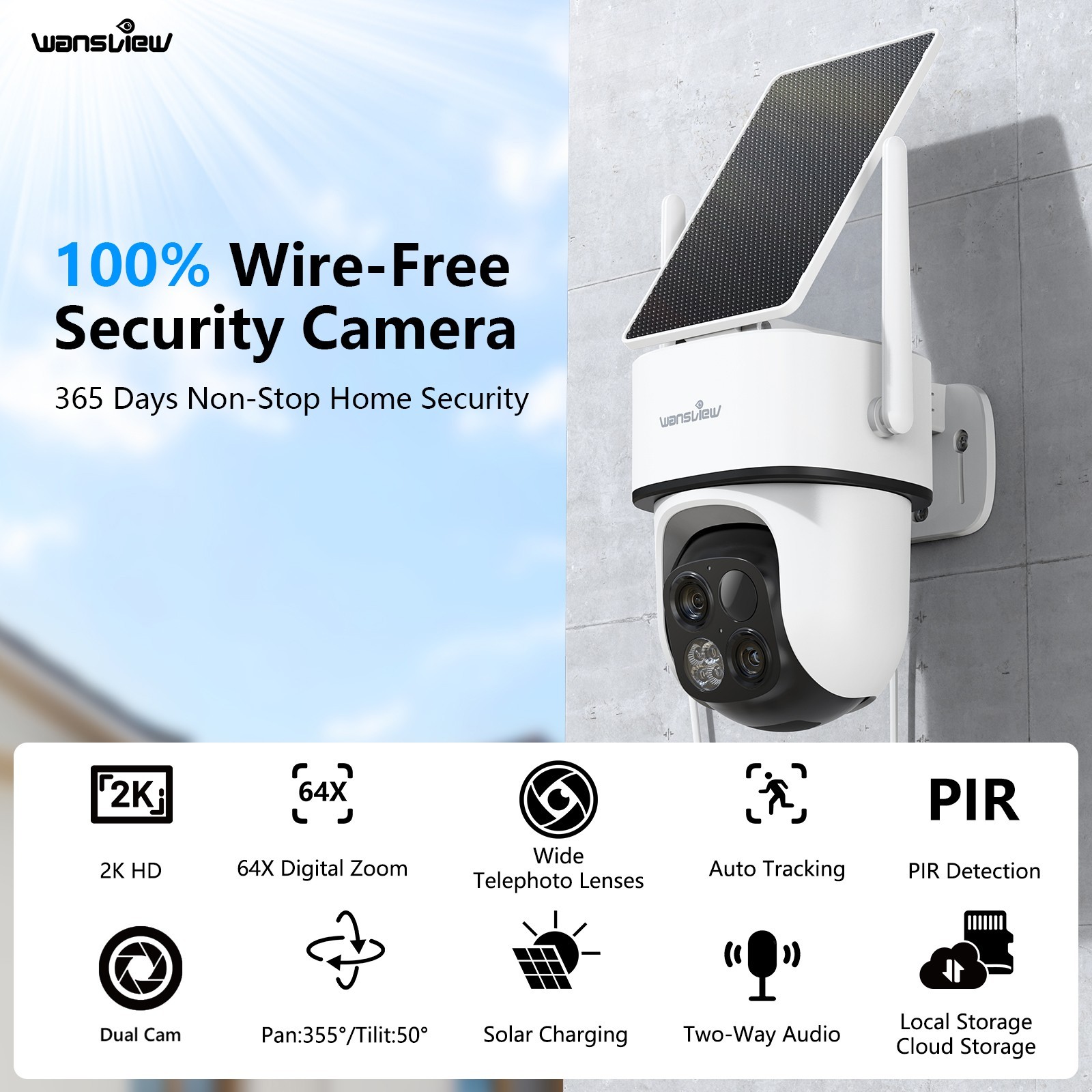 Wansview Solar Security Camera Wireless Outdoor Surveillance Ai Detection 2-pack