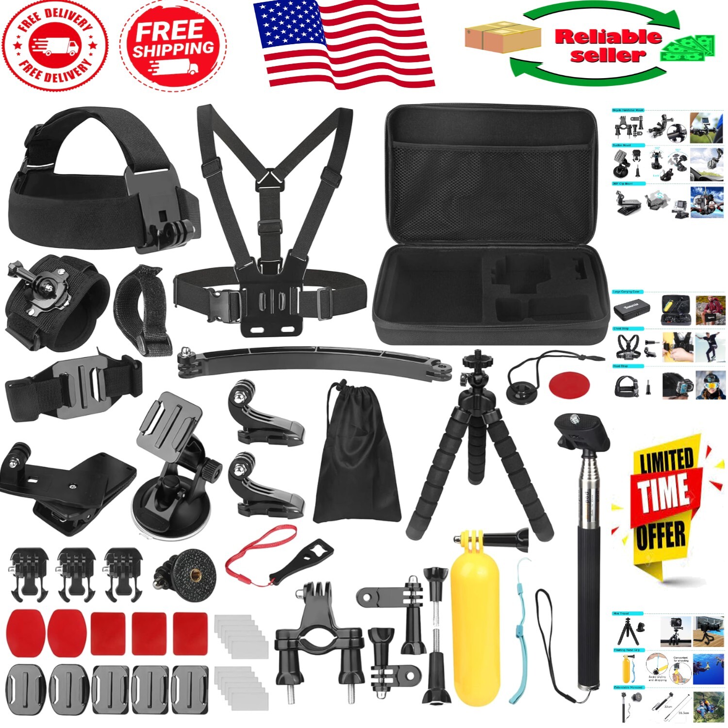 Action Cameras 50-in-1 Accessory Set: Compatible with GoPro, Insta 360 & More