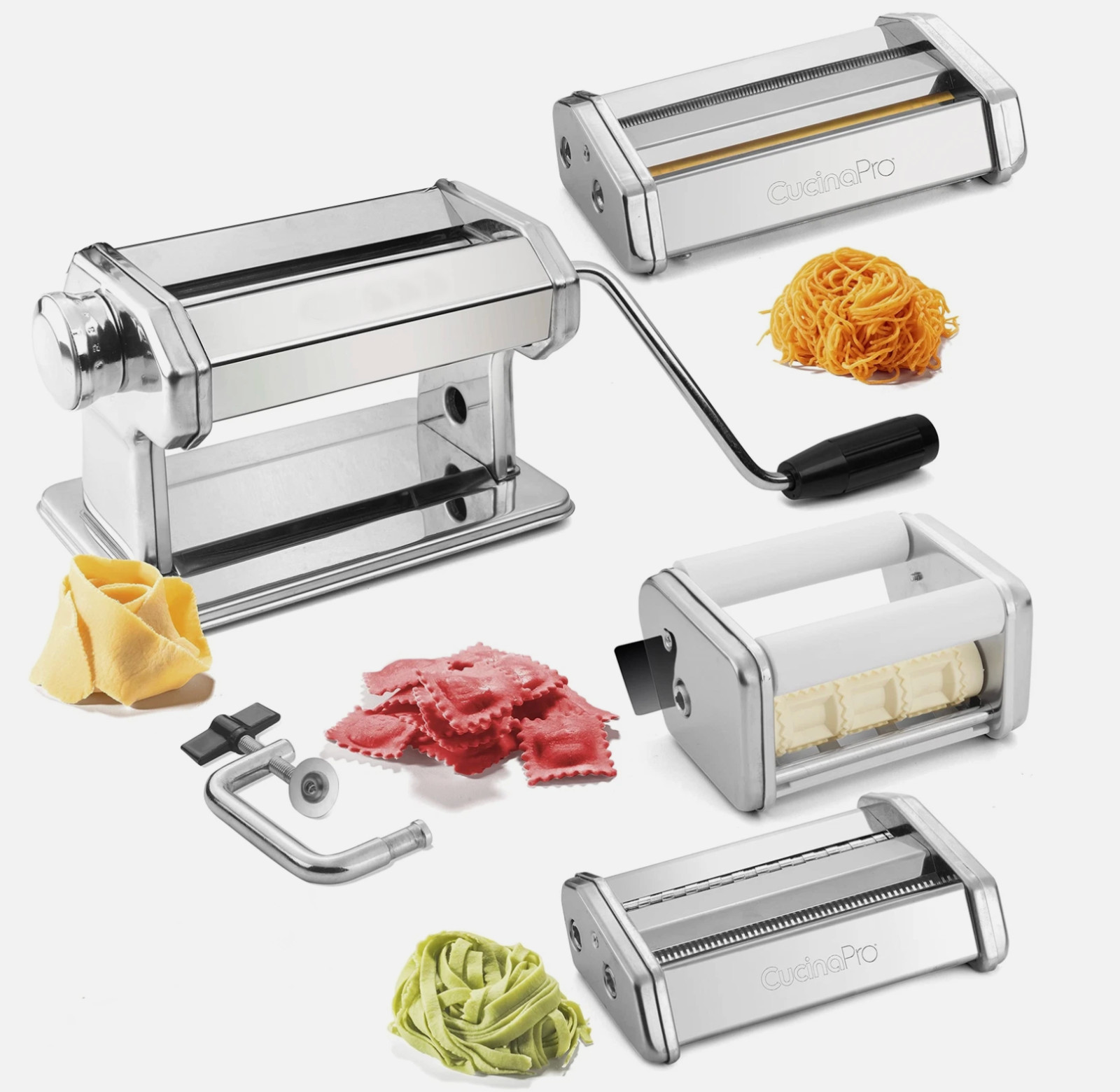 CucinaPro Delux Pasta Maker 3 Attachment Spaghetti Ravioli Angel Hair Fettuccine
