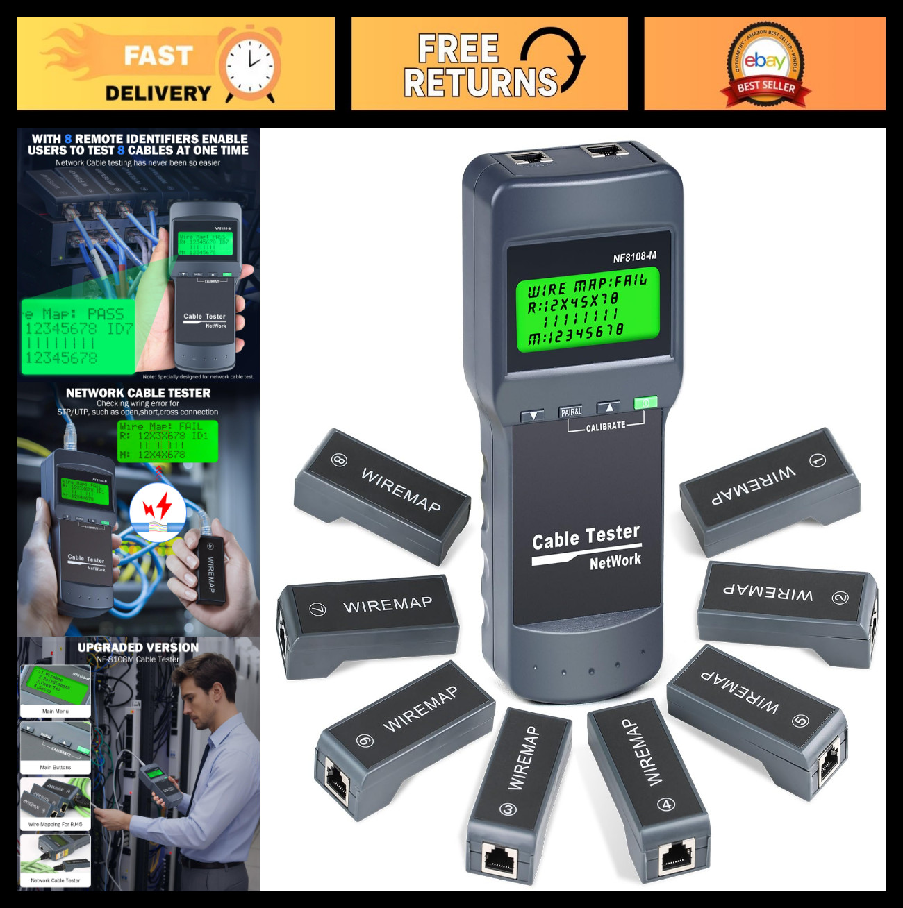 Network Cable Tester - Wire Fault Finder for Cat5/Cat6, Length Measurement, 8 Re