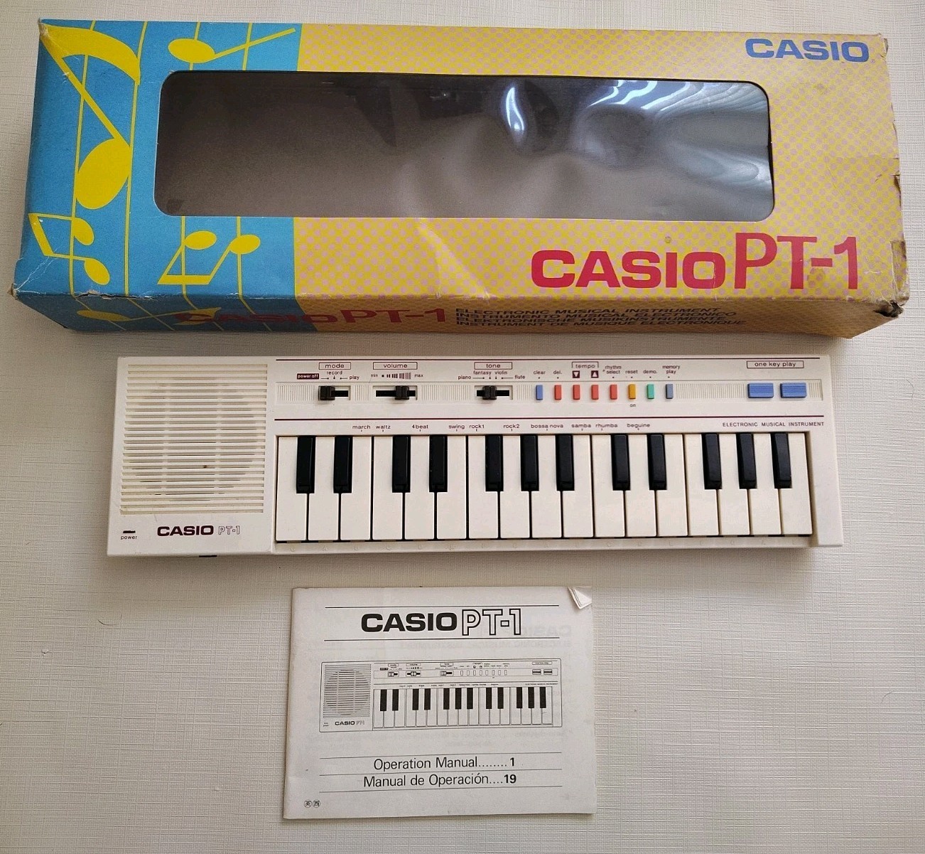 VTG Casio PT-1 Mini Keyboard Synth Japan Tested WORKING Box w/ Manual