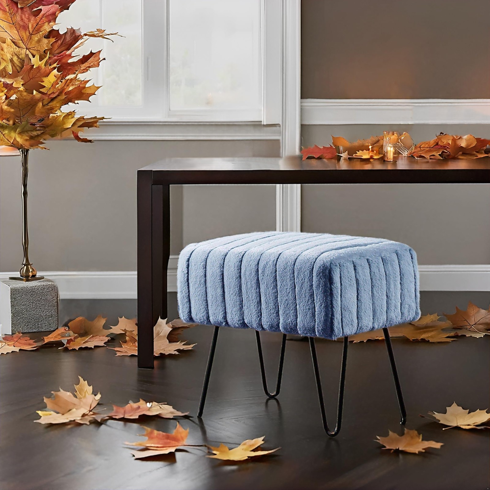 Super Mink Faux Fur Blue Ottoman Bench 19 x 13 17, Mirage, Living Room Foot