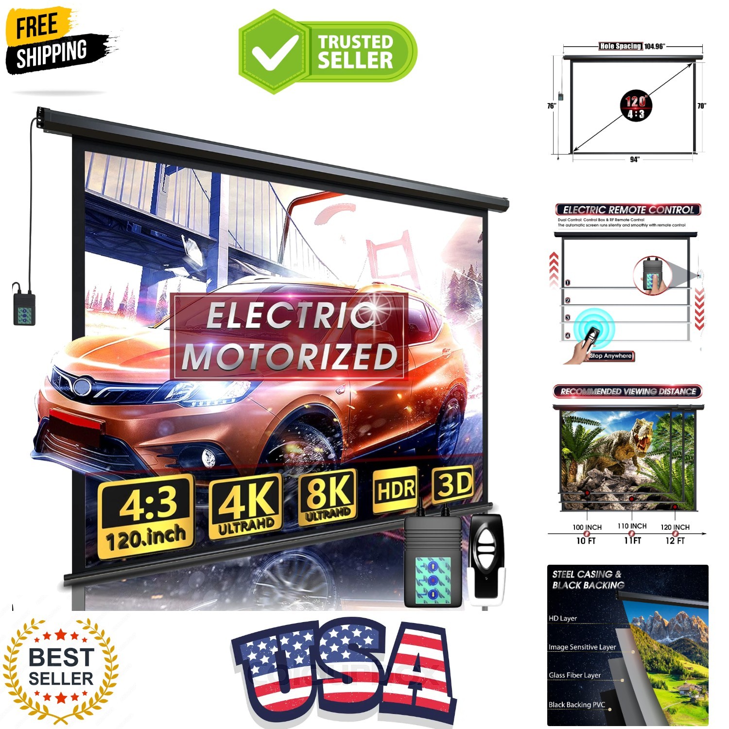 Motorized Projector Screen - Indoor and Outdoor Movies Screen Electric Projec...