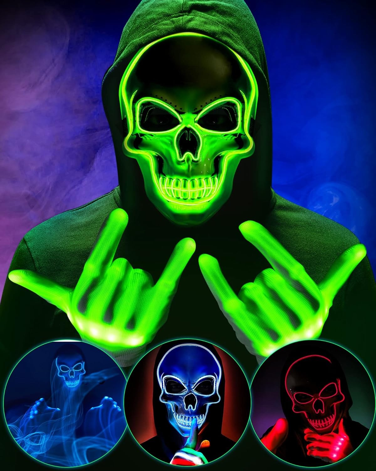 Sumind Halloween LED Mask Scary Skeleton Purge Hacker Glow in the Green-