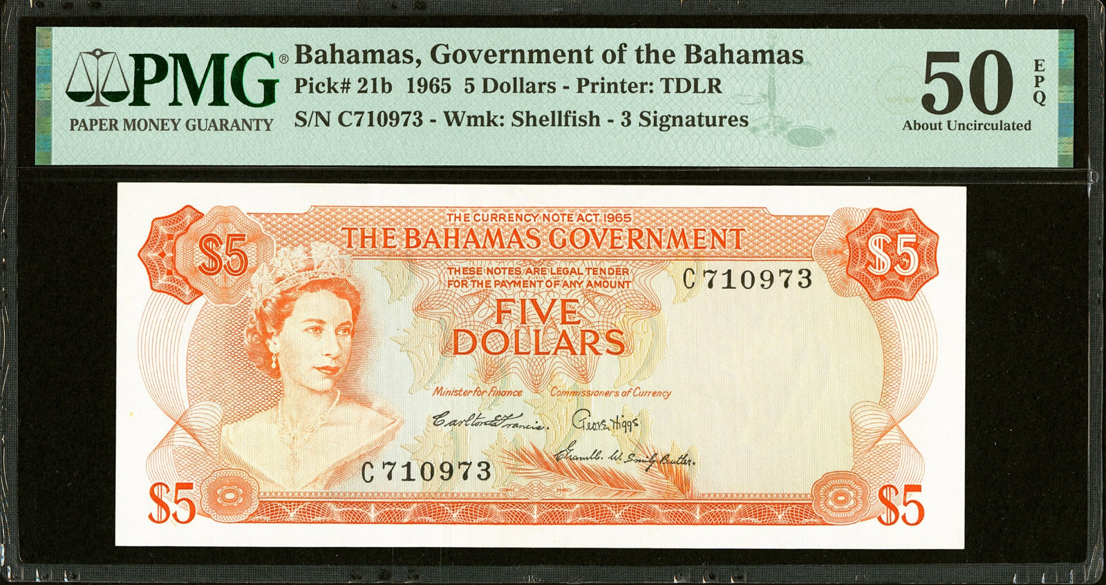Bahamas 5 Dollars 1965 Pick-21b About UNC PMG 50 EPQ