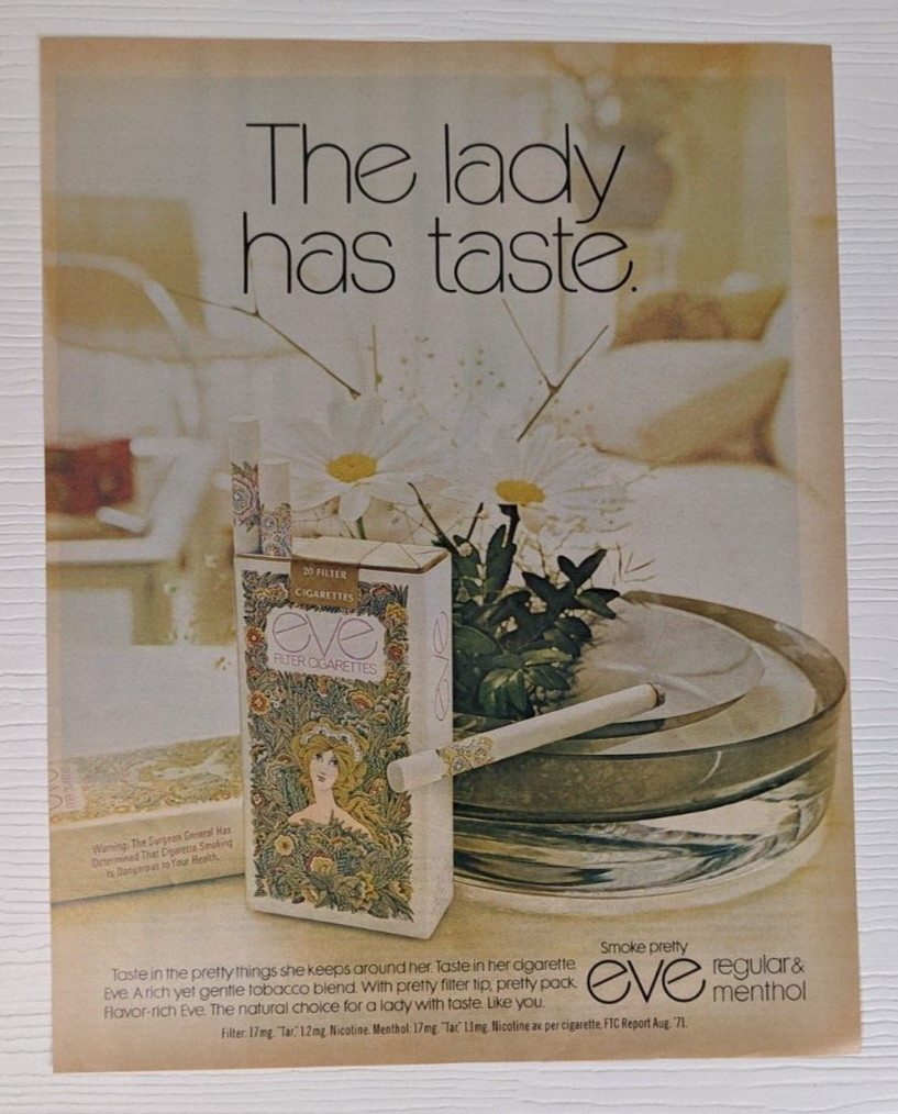 vintage 1971 EVE cigarette Lady has taste PRINT AD ashtray living room scene