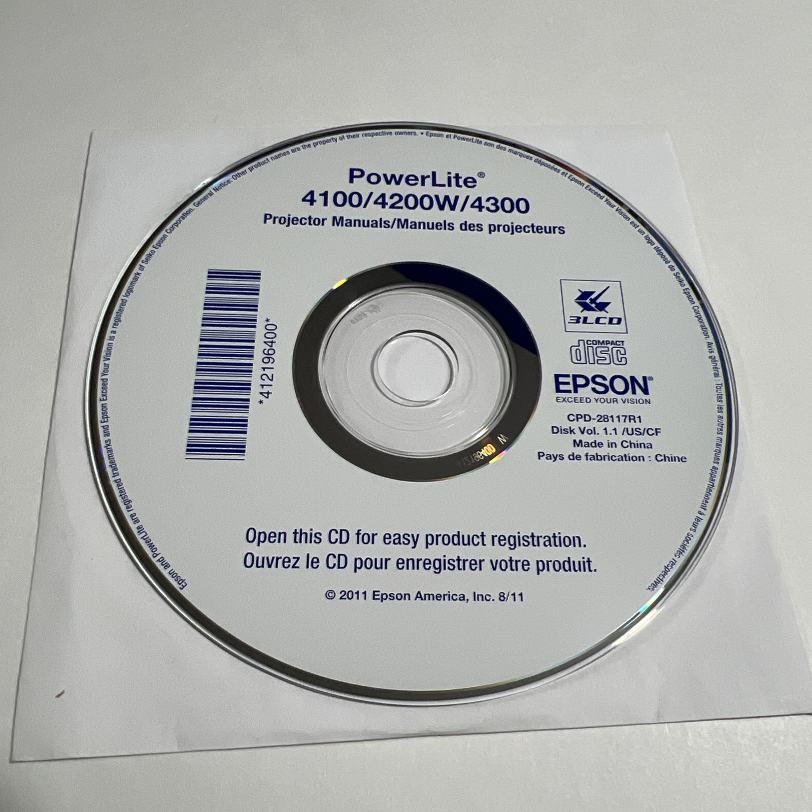 Epson PowerLite Projector Manual Disk 4100/4200W/4300 CD 2011