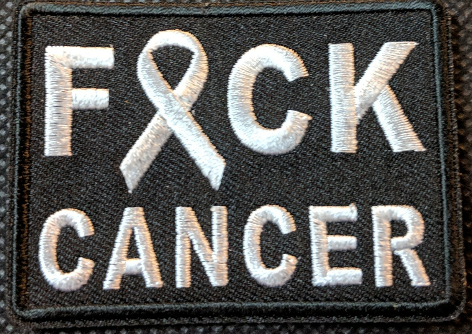 F CANCER Cancer Awareness Ribbon White Embroidered Biker Patch