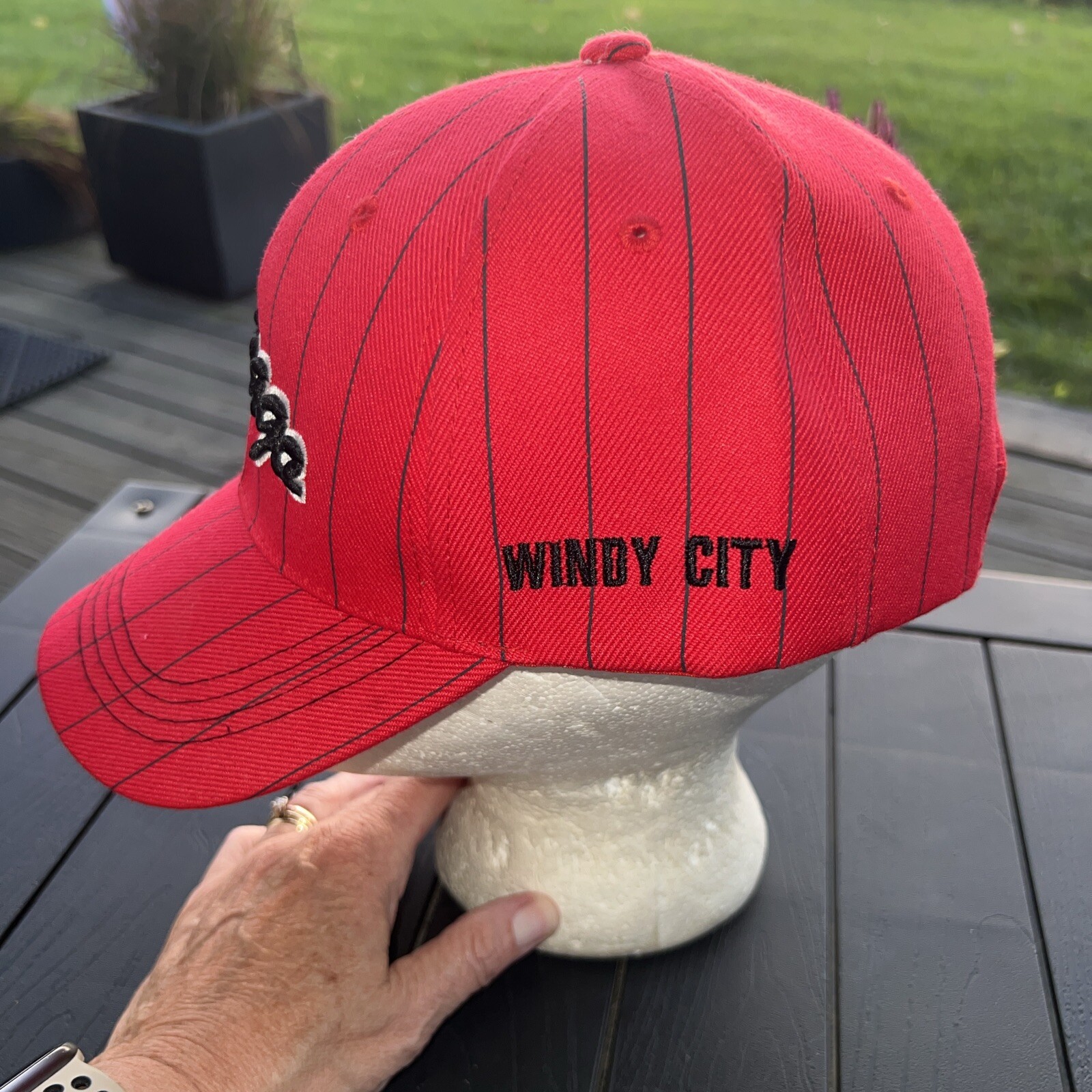 Chicago’s Wind City Red with Black Pinstripe Hat Cap Hook Loop EUC
