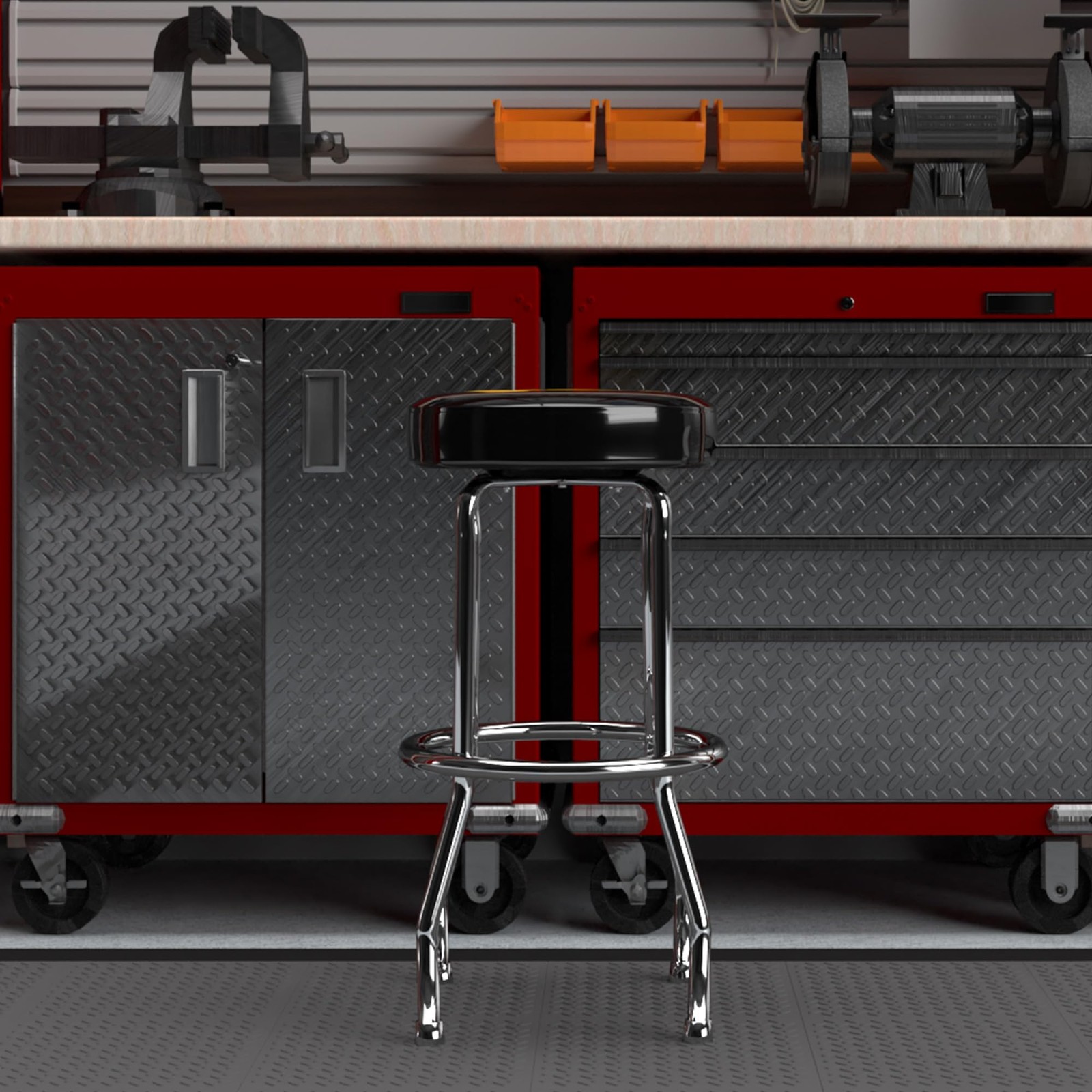 Caterpillar Logo Garage Stool - Black Steel Padded Seat, Heavy-Duty Support