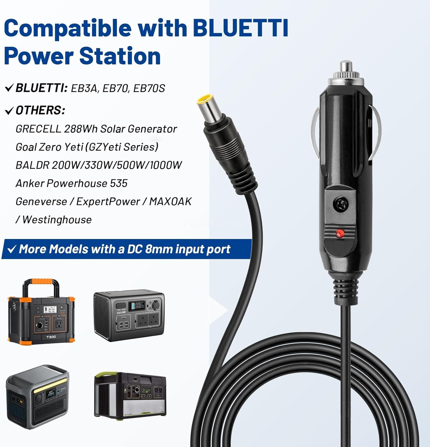 6.6FT Car Charger Power Cord DC7909 8mm For Goal Zero Yeti GZYeti Power Station