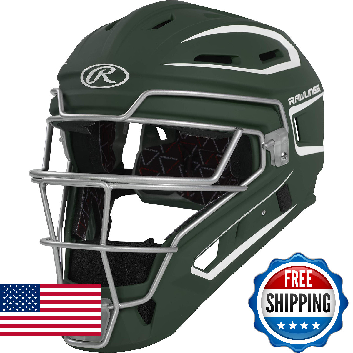 Rawlings VELO 2.0 Catcher's Helmet Baseball Senior Dark Green White 7 1/8 7 1/2