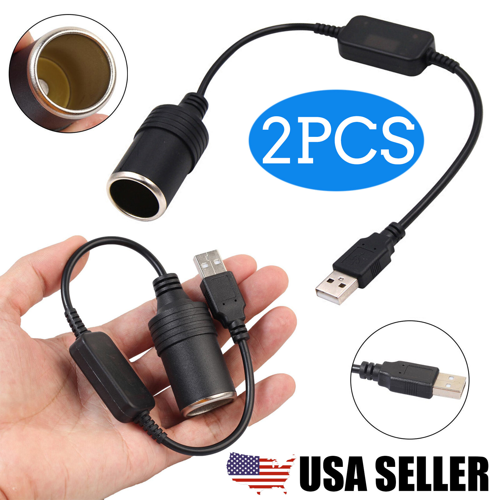 2x USB A Male to 12V Car Cigarette Lighter Adapter Socket Female Converter Cable