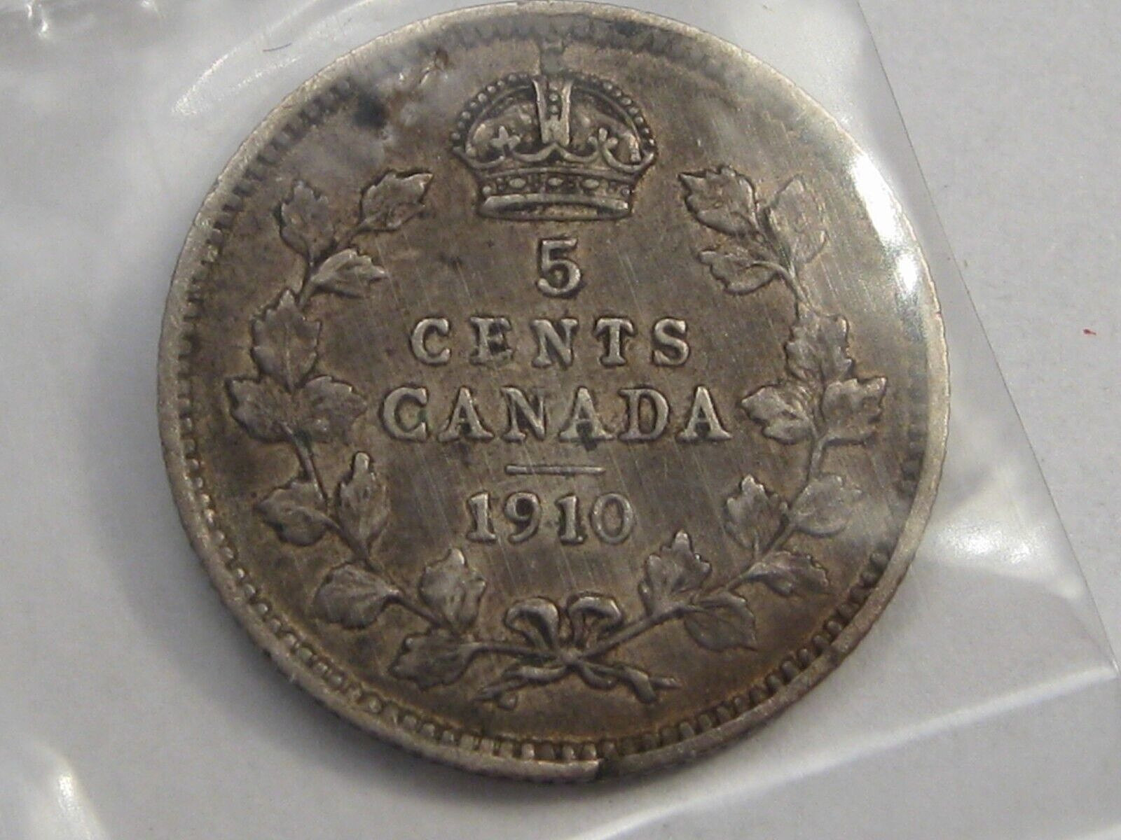Better Variety VF 1910 ML Silver 5 Five Cent CANADA Round Leaves Maple Leaf. #15
